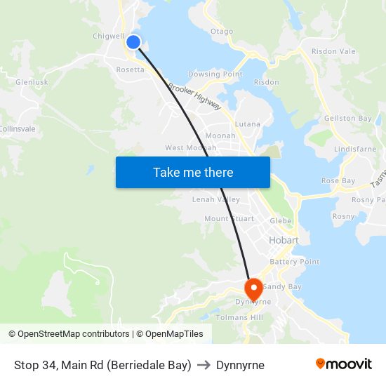 Stop 34, Main Rd (Berriedale Bay) to Dynnyrne map