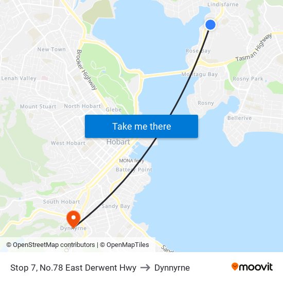 Stop 7, No.78 East Derwent Hwy to Dynnyrne map