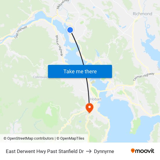 East Derwent Hwy Past Stanfield Dr to Dynnyrne map