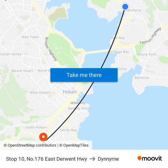 Stop 10, No.176 East Derwent Hwy to Dynnyrne map