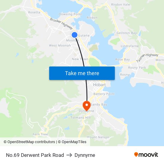 No.69 Derwent Park Road to Dynnyrne map