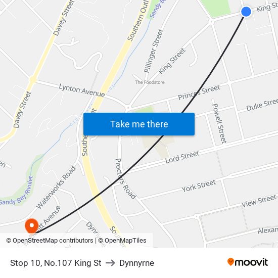 Stop 10, No.107 King St to Dynnyrne map