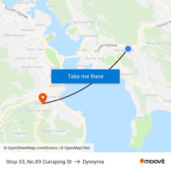 Stop 33, No.89 Currajong St to Dynnyrne map