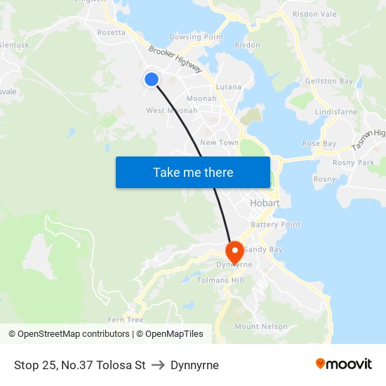 Stop 25, No.37 Tolosa St to Dynnyrne map
