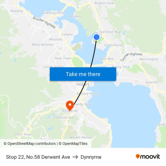 Stop 22, No.58 Derwent Ave to Dynnyrne map