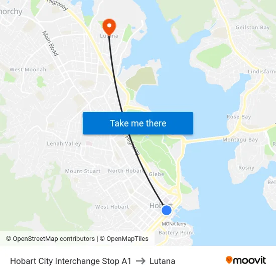 Hobart City Interchange Stop A1 to Lutana map