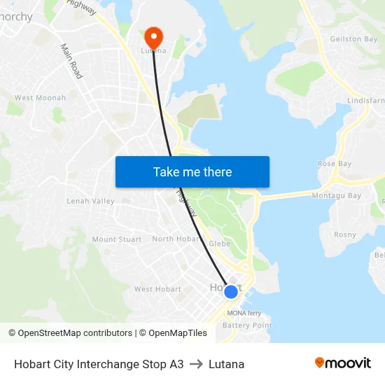 Hobart City Interchange Stop A3 to Lutana map