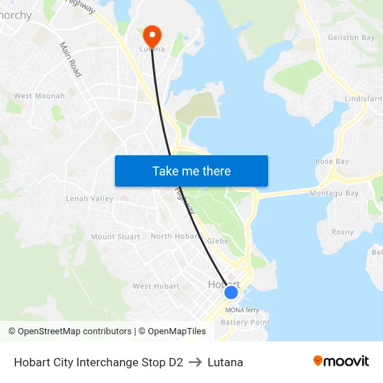 Hobart City Interchange Stop D2 to Lutana map
