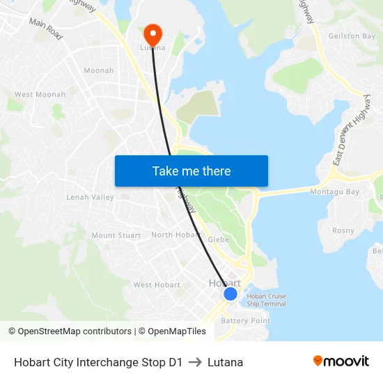 Hobart City Interchange Stop D1 to Lutana map