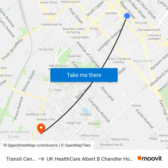 Transit Center to UK HealthCare Albert B Chandler Hospital map