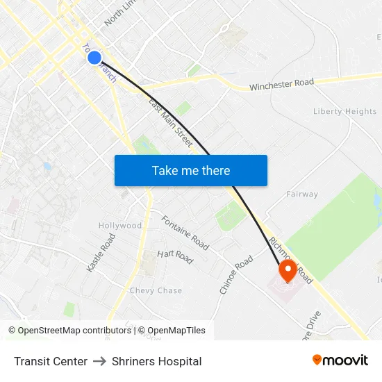 Transit Center to Shriners Hospital map