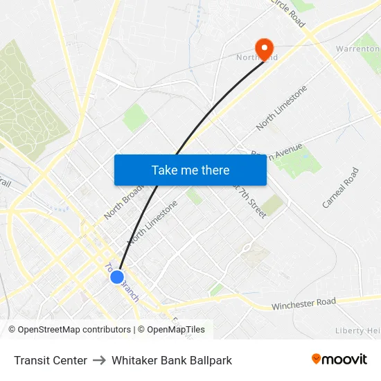 Transit Center to Whitaker Bank Ballpark map