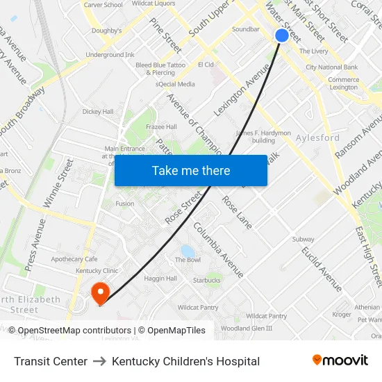 Transit Center to Kentucky Children's Hospital map