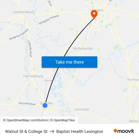 Walnut St & College St to Baptist Health Lexington map