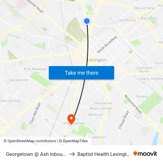 Georgetown @ Ash Inbound to Baptist Health Lexington map