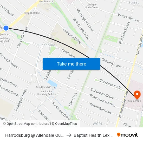 Harrodsburg @ Allendale Outbound to Baptist Health Lexington map