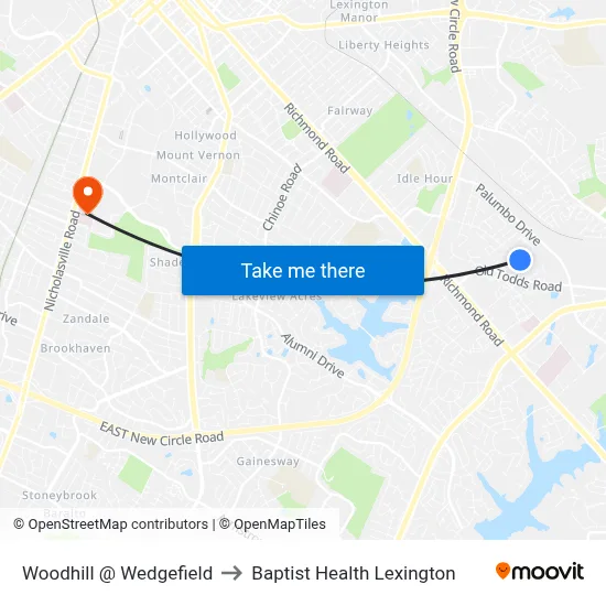 Woodhill @ Wedgefield to Baptist Health Lexington map