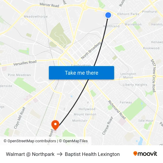 Walmart @ Northpark to Baptist Health Lexington map