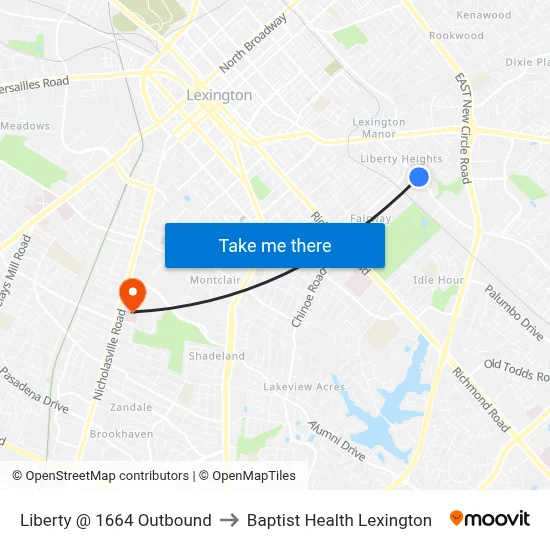 Liberty @ 1664 Outbound to Baptist Health Lexington map