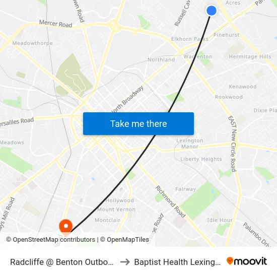 Radcliffe @ Benton Outbound to Baptist Health Lexington map