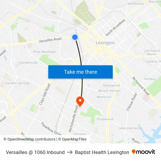 Versailles @ 1060 Inbound to Baptist Health Lexington map