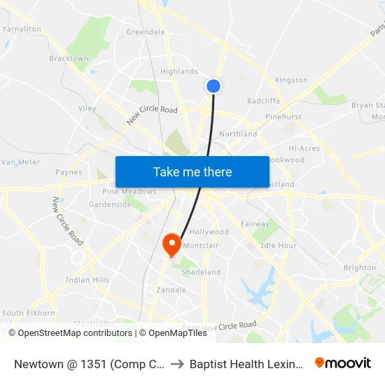 Newtown @ 1351 (Comp Care) to Baptist Health Lexington map