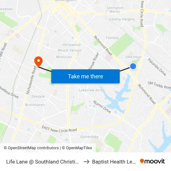 Life Lane @ Southland Christian Inbound to Baptist Health Lexington map
