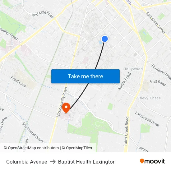 Columbia Avenue to Baptist Health Lexington map