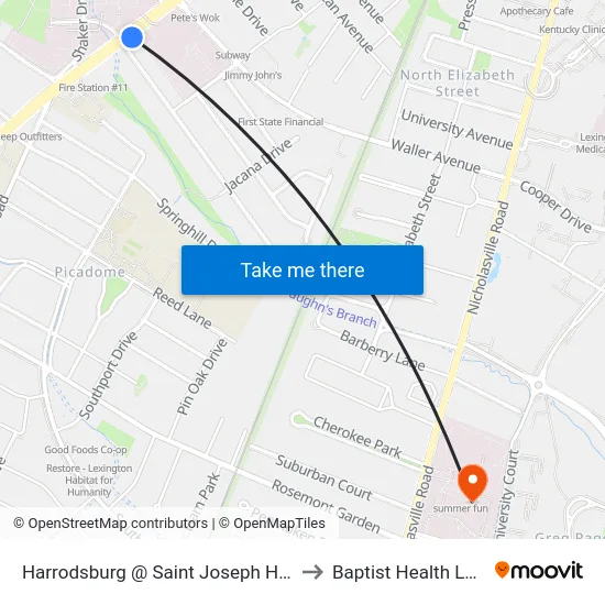 Harrodsburg @ Saint Joseph Hosp Inbound to Baptist Health Lexington map