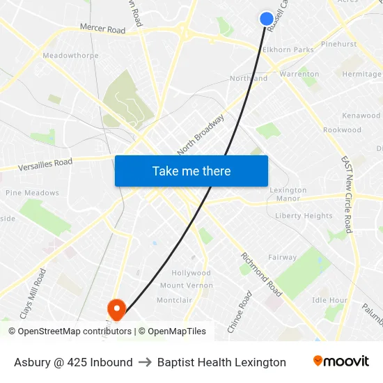 Asbury @ 425 Inbound to Baptist Health Lexington map