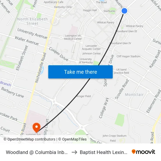 Woodland @ Columbia Inbound to Baptist Health Lexington map