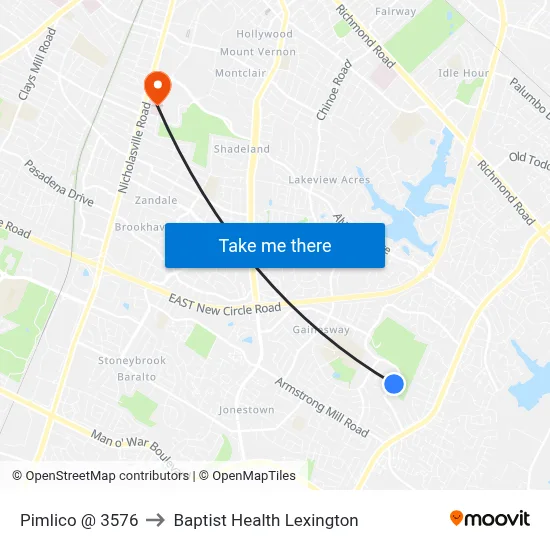 Pimlico @ 3576 to Baptist Health Lexington map