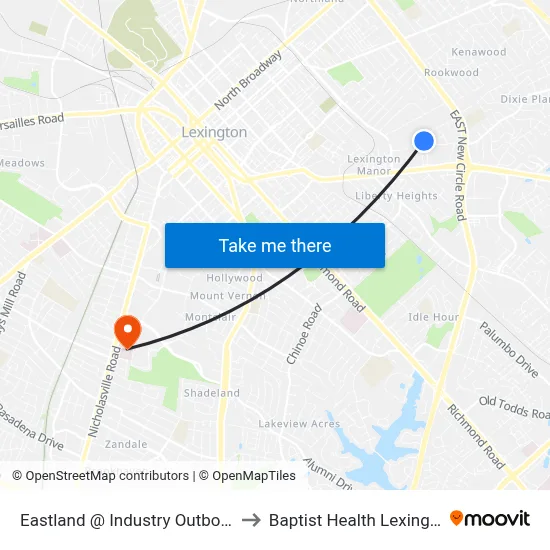 Eastland @ Industry Outbound to Baptist Health Lexington map