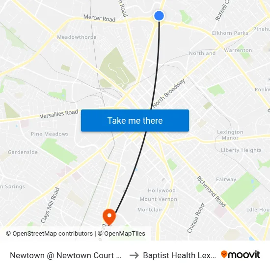 Newtown @ Newtown Court Outbound to Baptist Health Lexington map