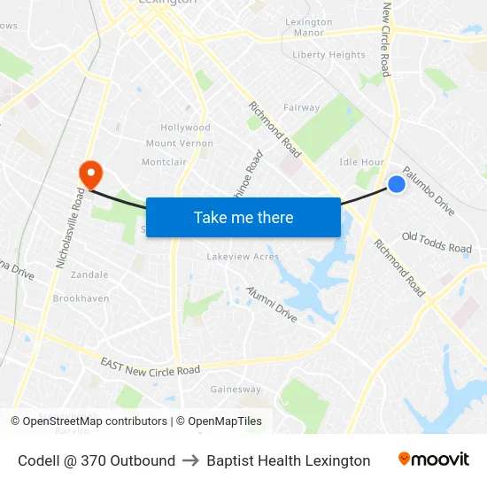 Codell @ 370 Outbound to Baptist Health Lexington map