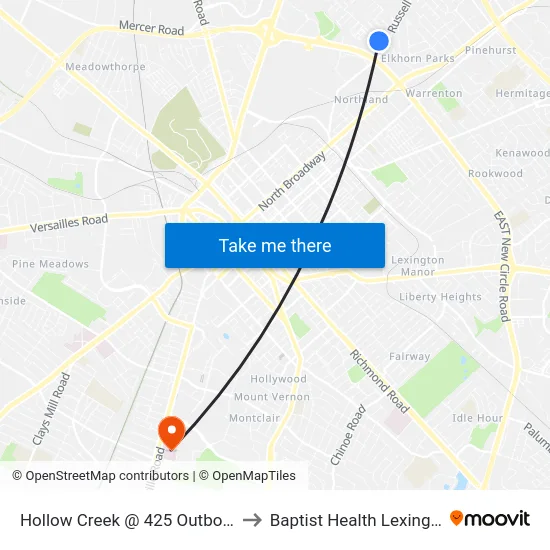 Hollow Creek @ 425 Outbound to Baptist Health Lexington map