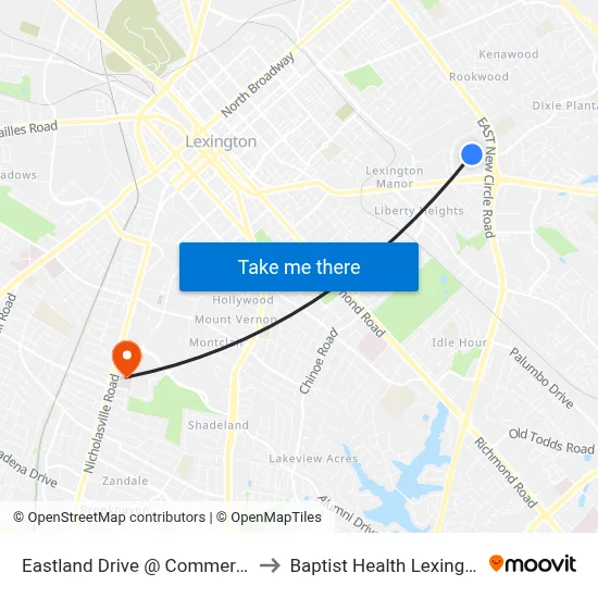 Eastland Drive @ Commercial to Baptist Health Lexington map