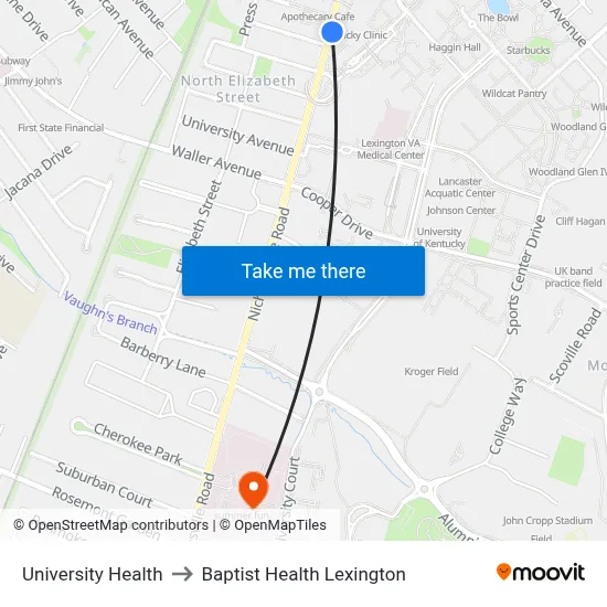 University Health to Baptist Health Lexington map