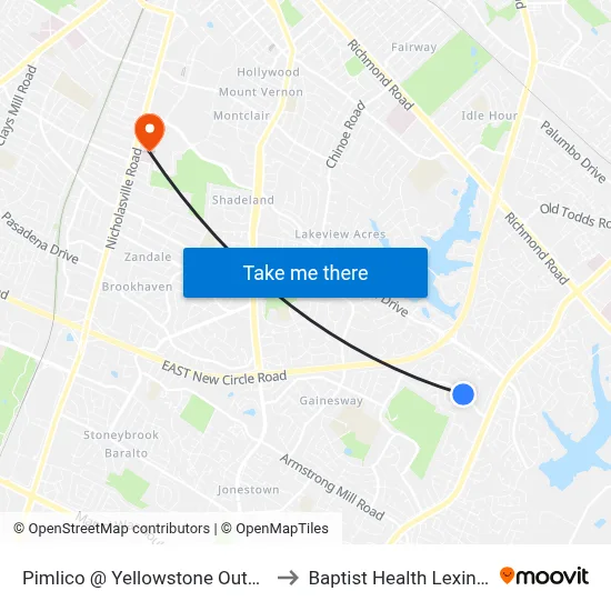 Pimlico @ Yellowstone Outbound to Baptist Health Lexington map
