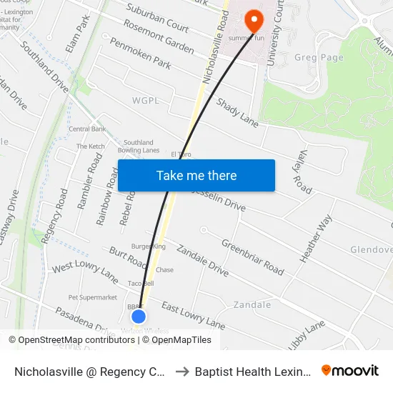 Nicholasville @ Regency Center to Baptist Health Lexington map