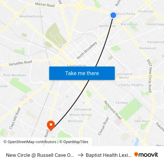 New Circle @ Russell Cave Outbound to Baptist Health Lexington map