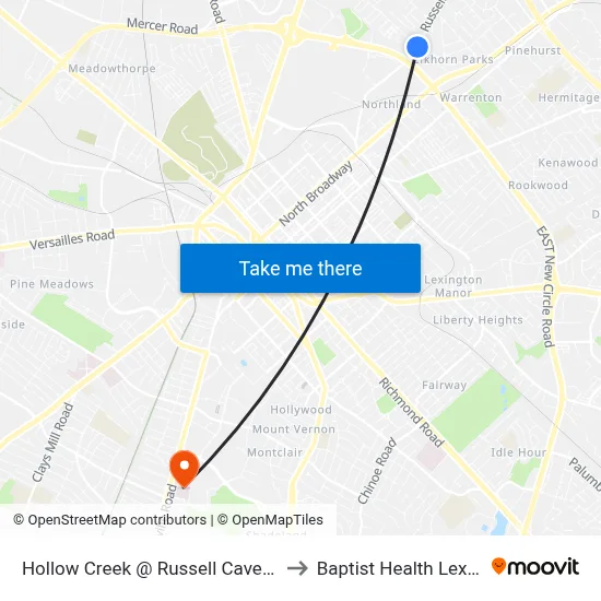 Hollow Creek @ Russell Cave Inbound to Baptist Health Lexington map