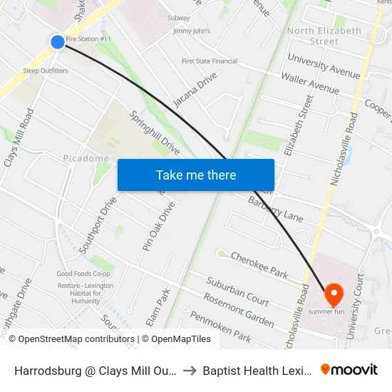 Harrodsburg @ Clays Mill Outbound to Baptist Health Lexington map