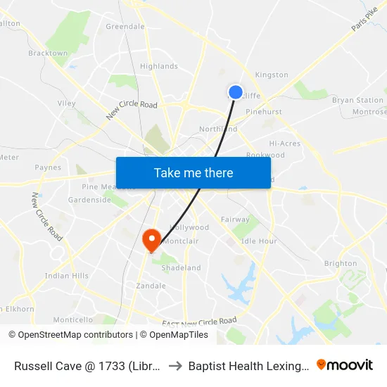 Russell Cave @ 1733 (Library) to Baptist Health Lexington map