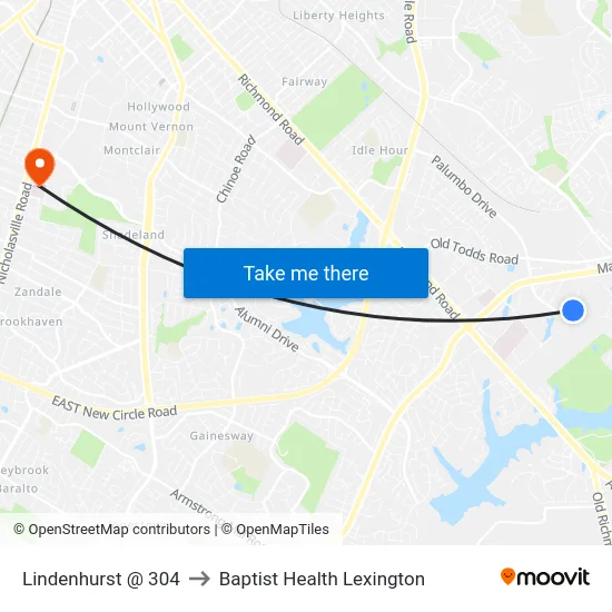 Lindenhurst @ 304 to Baptist Health Lexington map