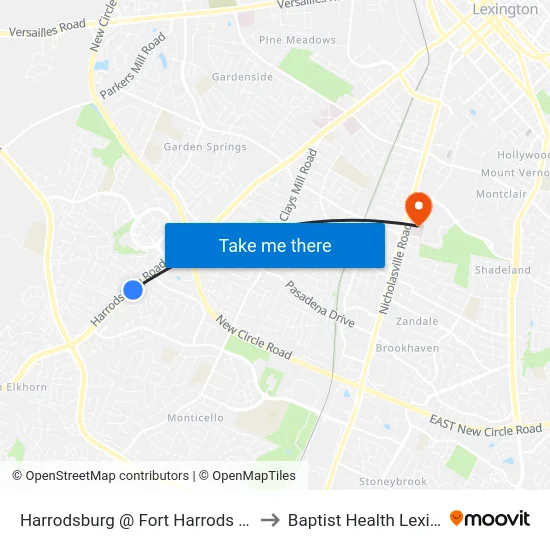 Harrodsburg @ Fort Harrods Inbound to Baptist Health Lexington map
