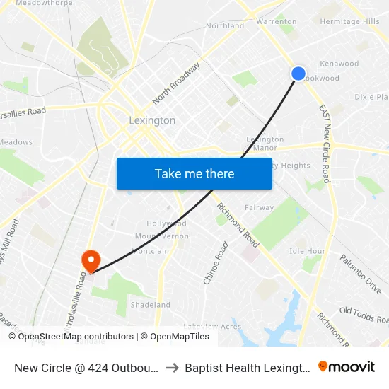 New Circle @ 424 Outbound to Baptist Health Lexington map
