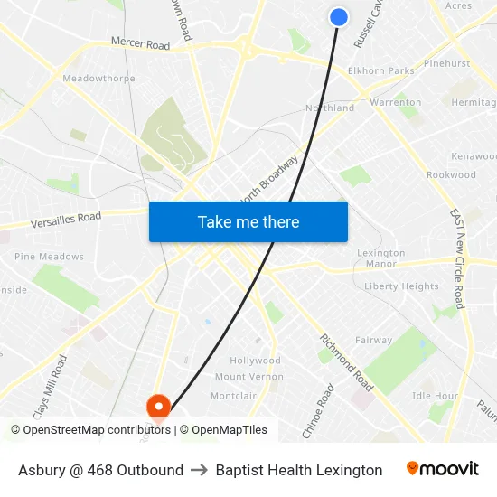 Asbury @ 468 Outbound to Baptist Health Lexington map