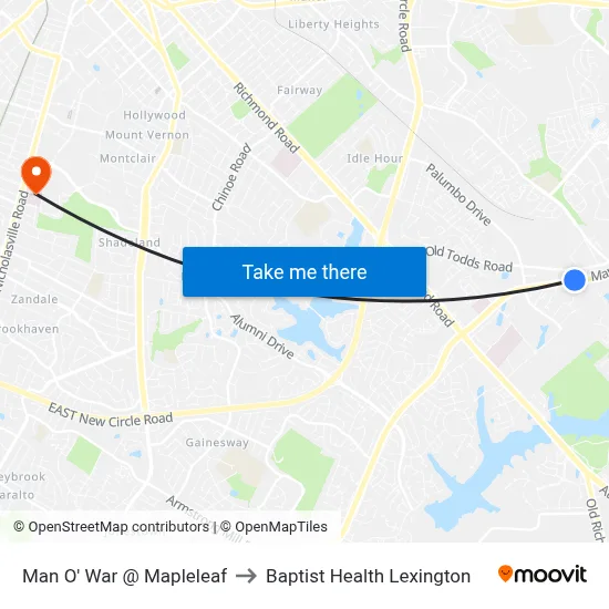 Man O' War @ Mapleleaf to Baptist Health Lexington map