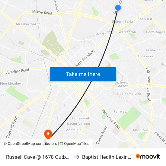 Russell Cave @ 1678 Outbound to Baptist Health Lexington map